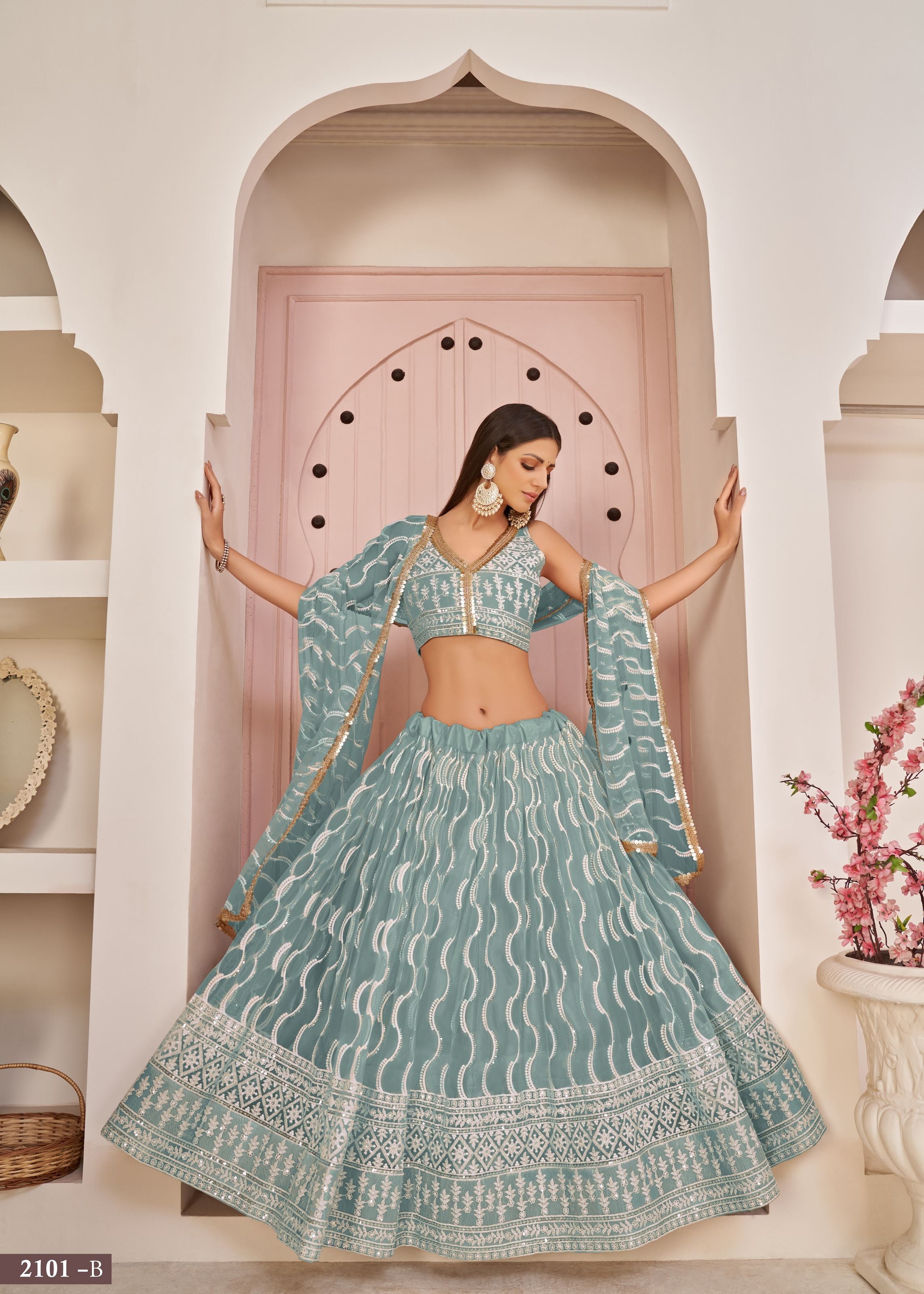 OceanBlue Net Lehenga Choli With Thread Embroidery Work