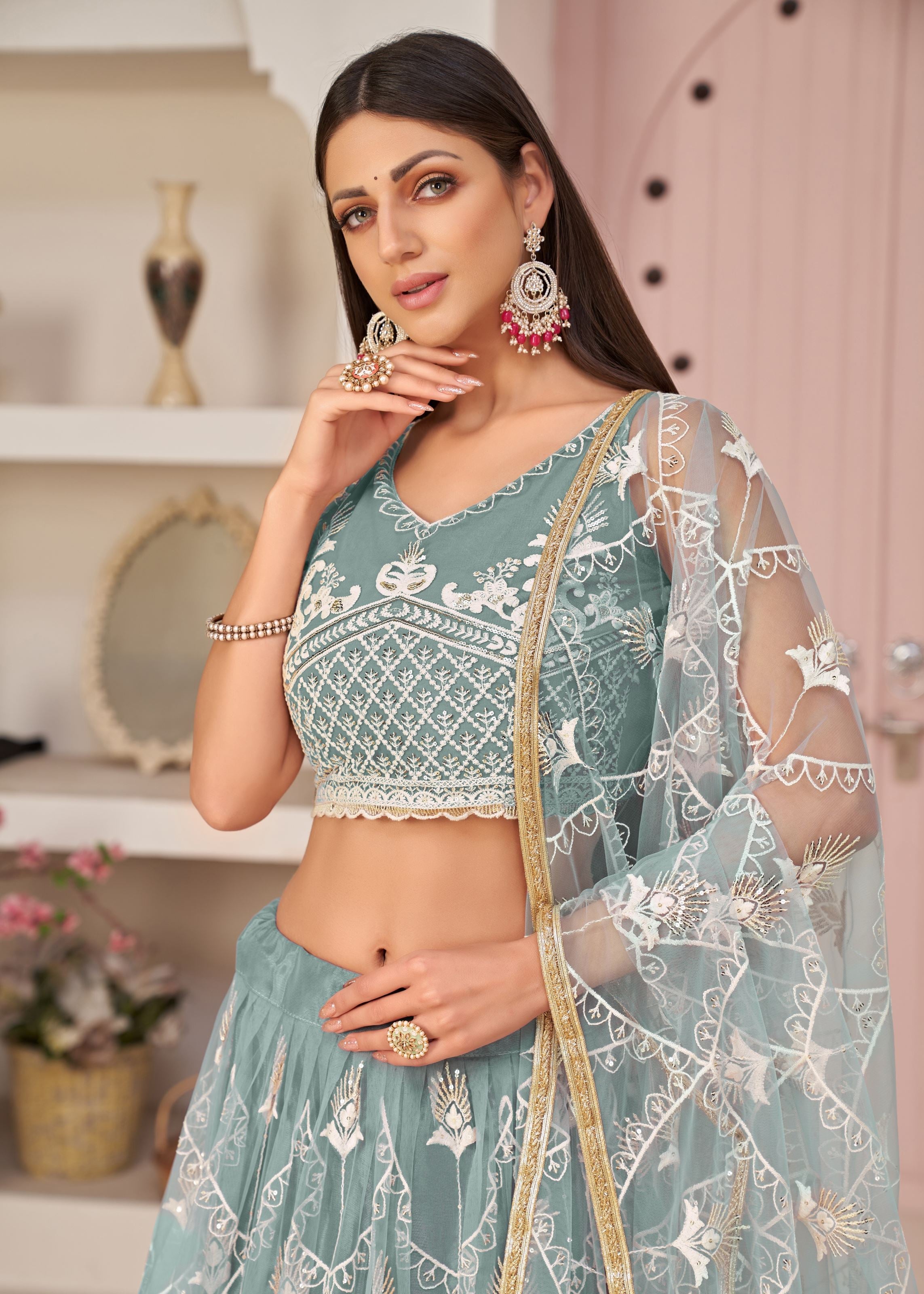 OceanBlue Net Lehenga Choli With Thread Embroidery Work