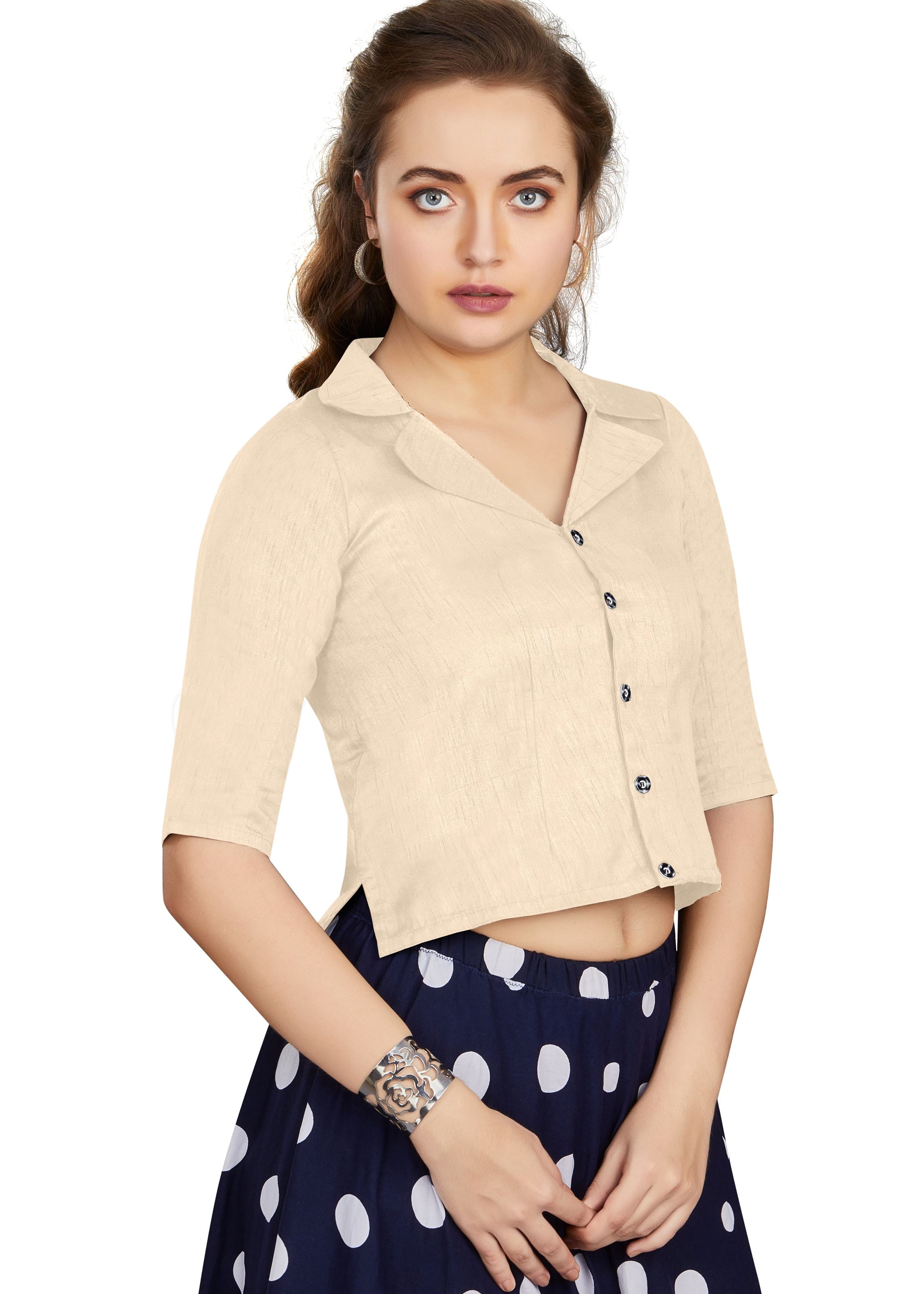 Off White Art Silk Collar Neck Plain Blouse