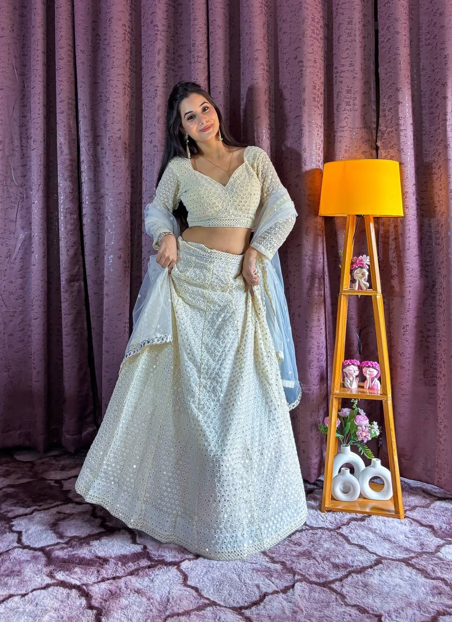 Offwhite Lehenga Choli With Sequins  Thread Work