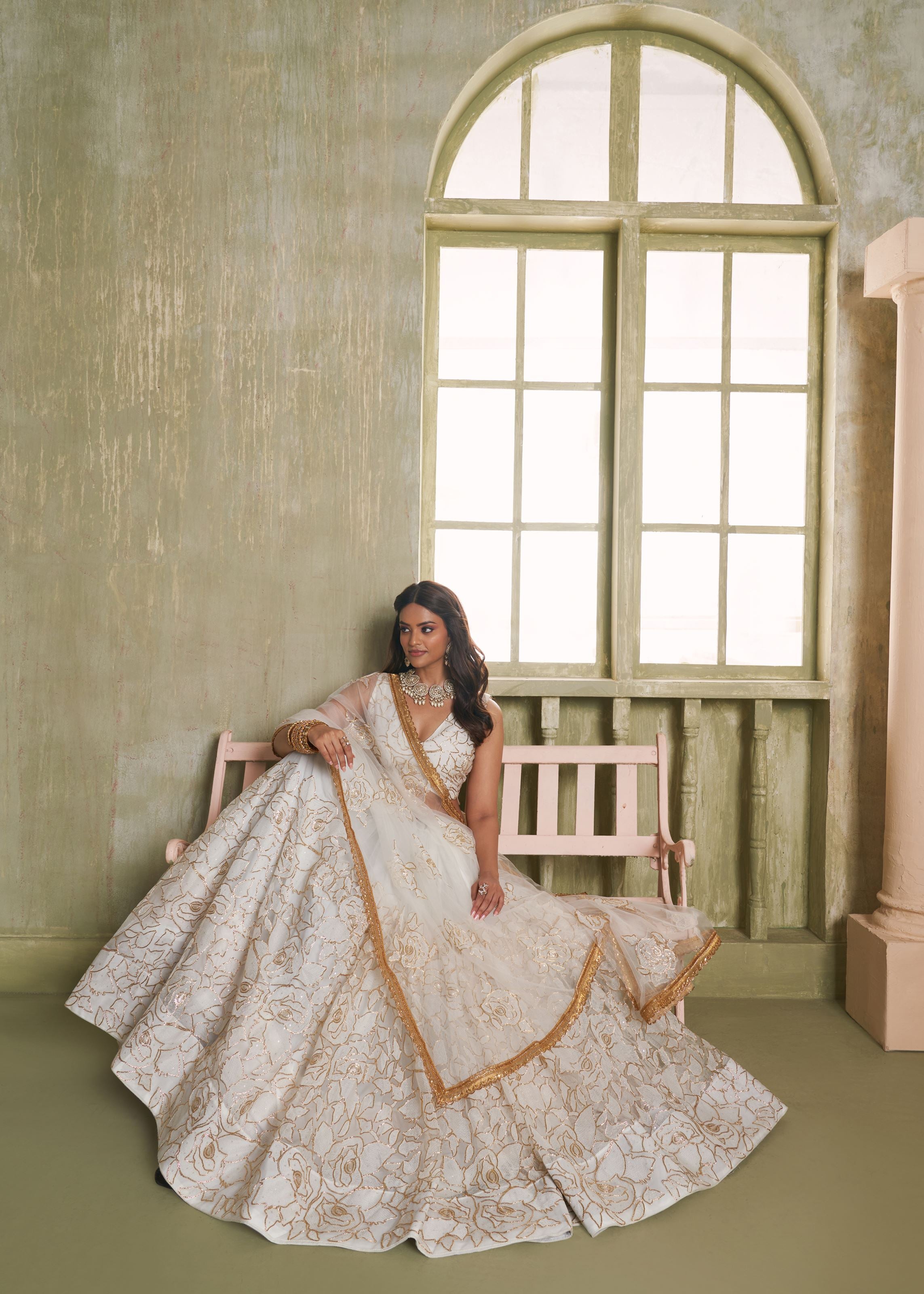 Offwhite Net Lehenga with Zari and Tone-to Tone Sequins