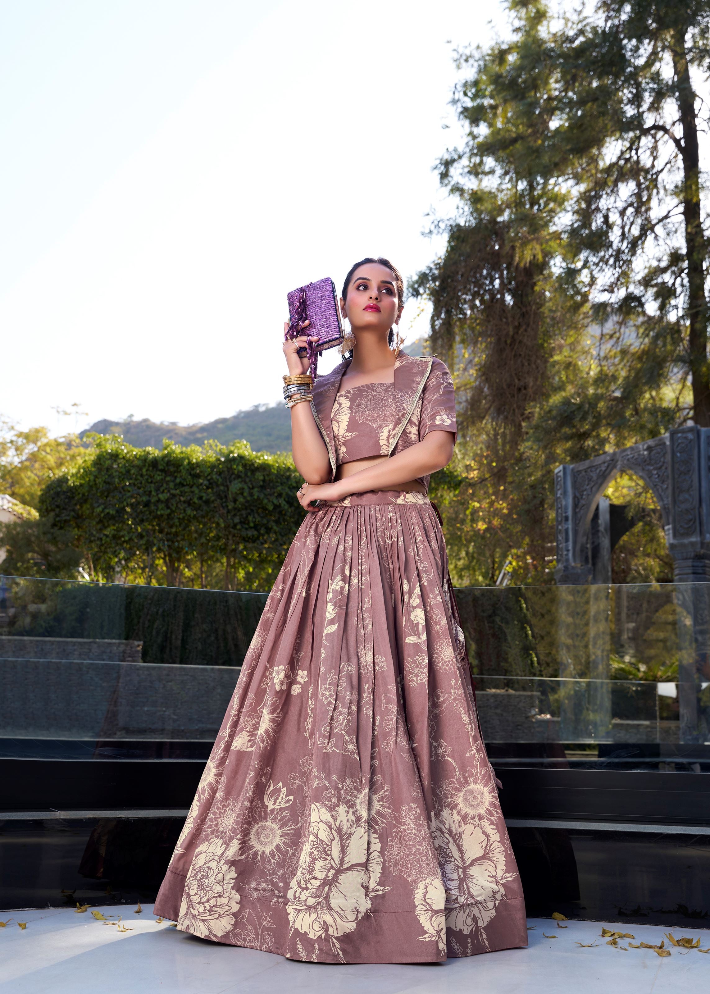 Onion  Grace in Bloom Tussar Silk Floral Print Lehenga