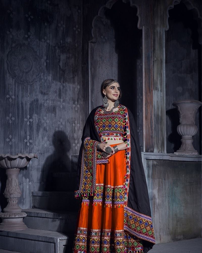 Orange And Black Navratri Chaniya Choli With Gamthi Lace Work With Mirror Work