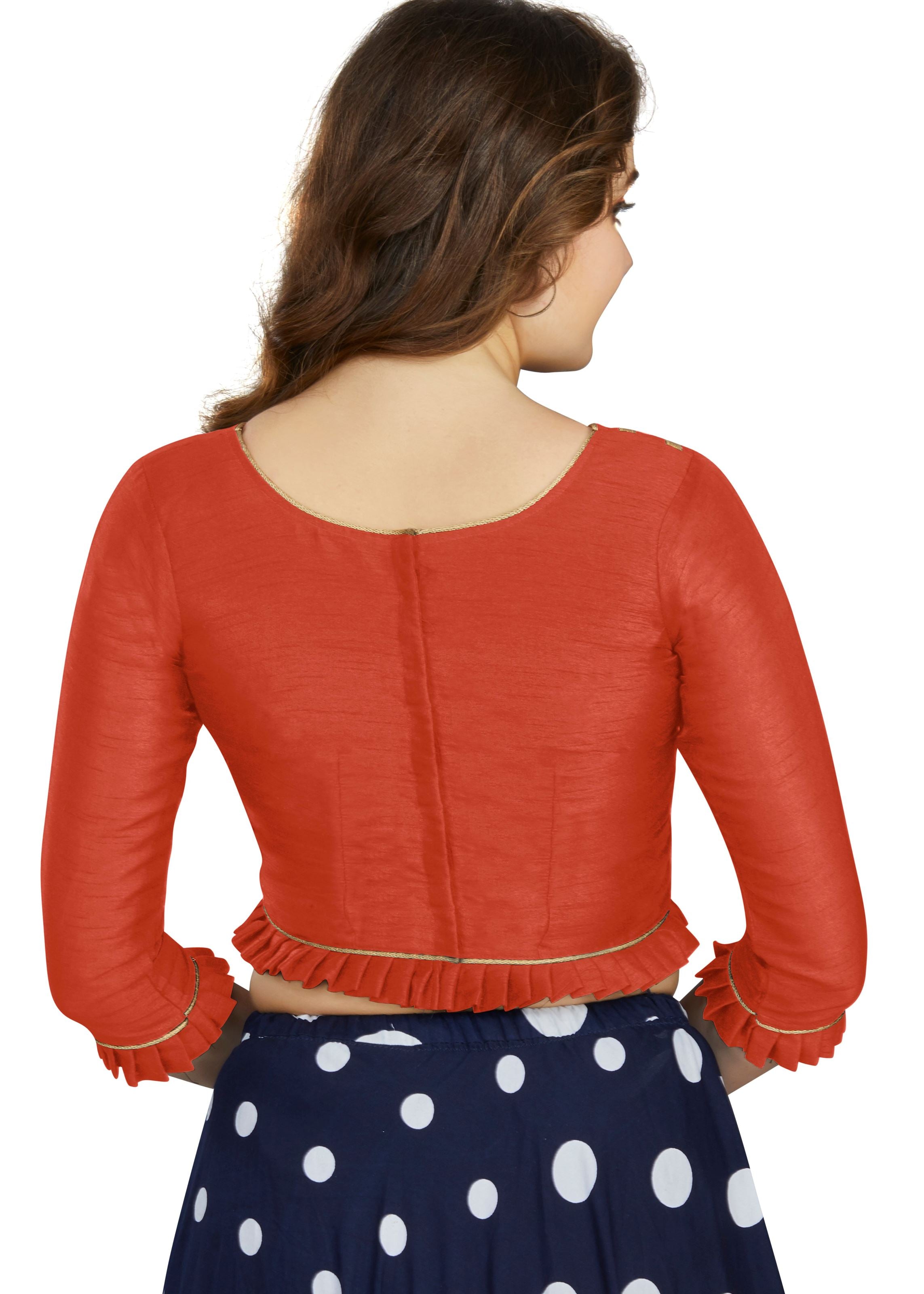 Orange Art Silk Boat Neck Plain Blouse