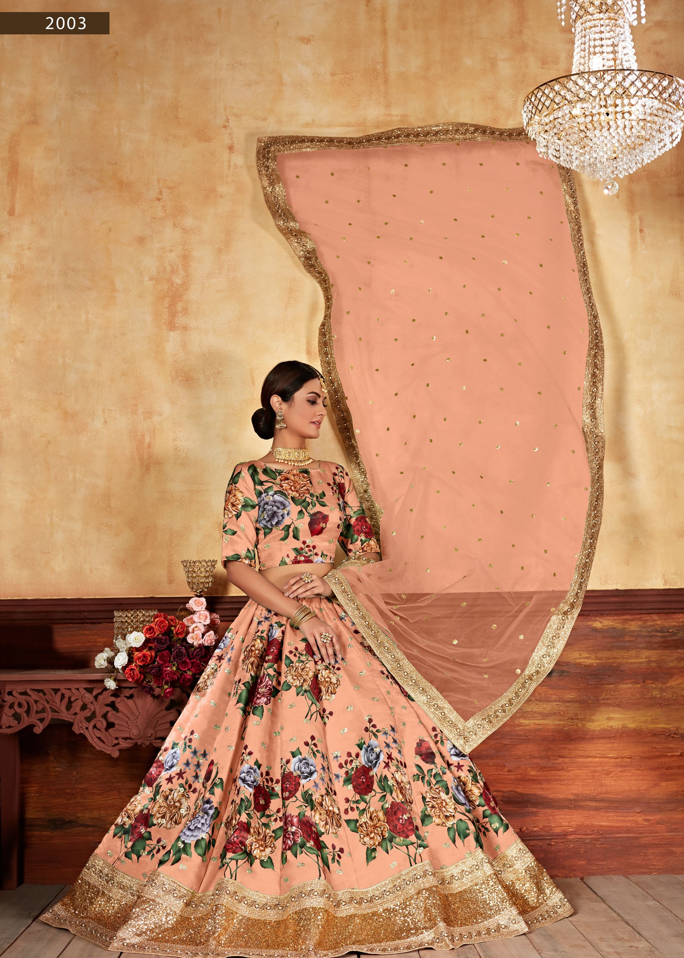 Orange Lehenga Choli With Digital Print And Dori With Jari Sequins Butti,Embroidered Border And Pearl Work
