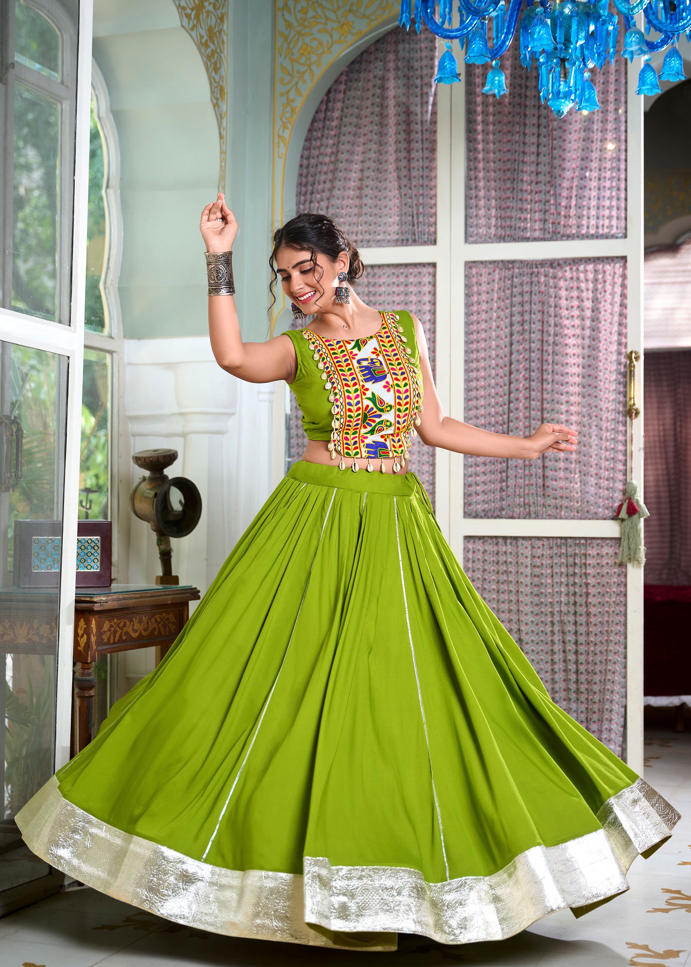 Parrot Classic Rayon Lehenga Choli with Gota Patti and Lace Accents