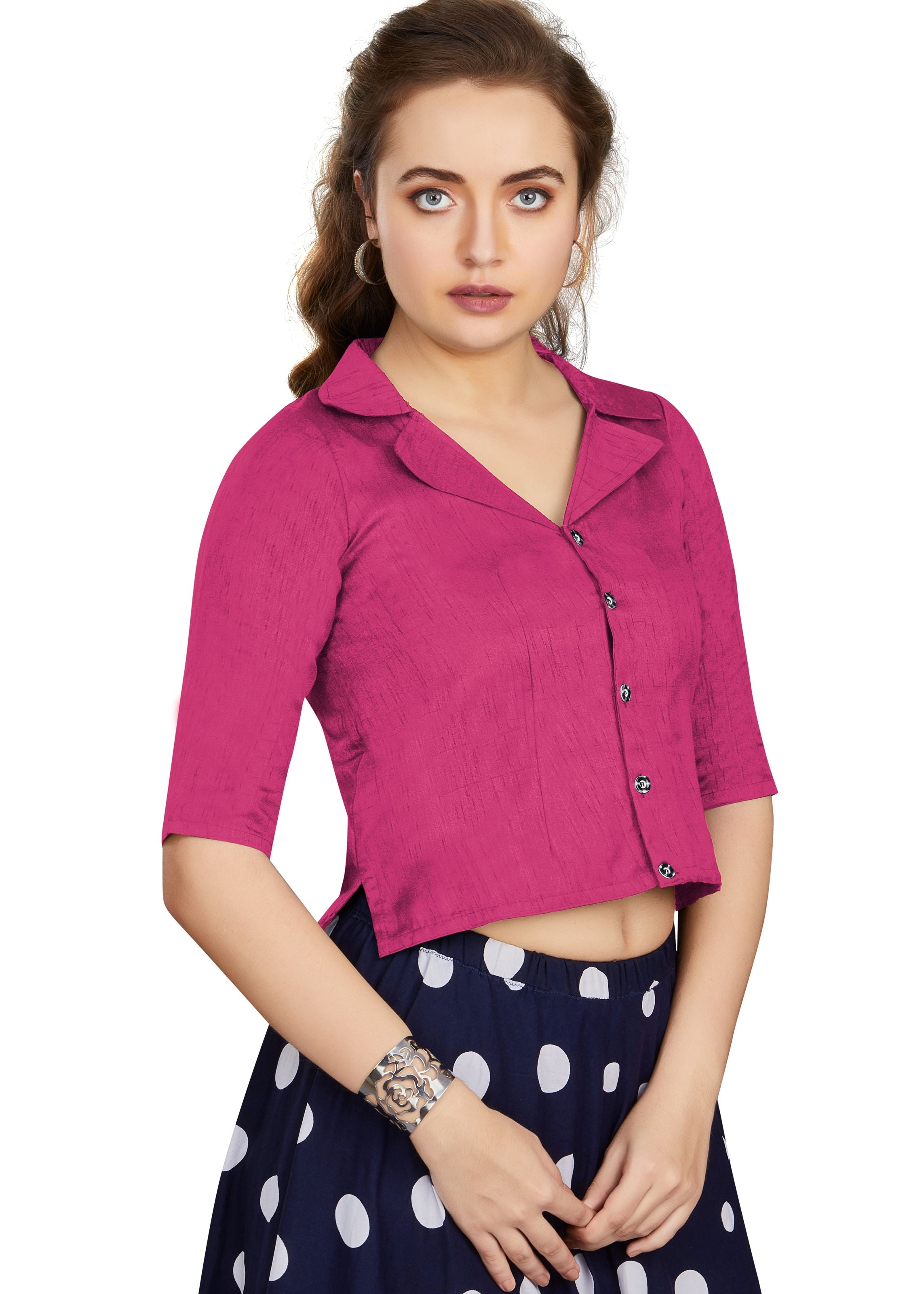 Pink Art Silk Collar Neck Plain Blouse