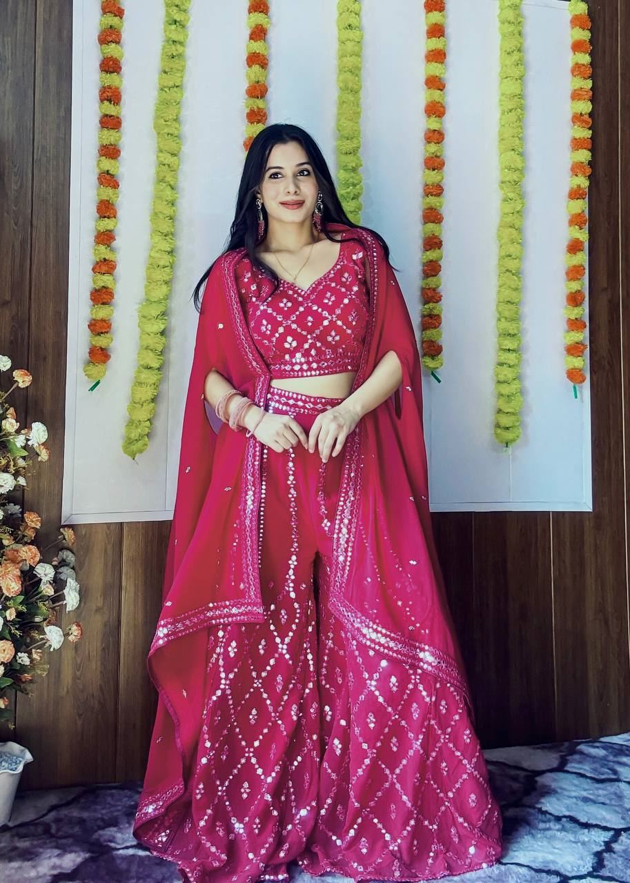 Pink Lehenga Choli with Foil Mirror Work & Thread Embroidery