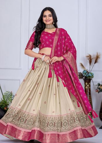 Beige Lehenga Choli with Jacquard Jari Lining and Printed Detailing