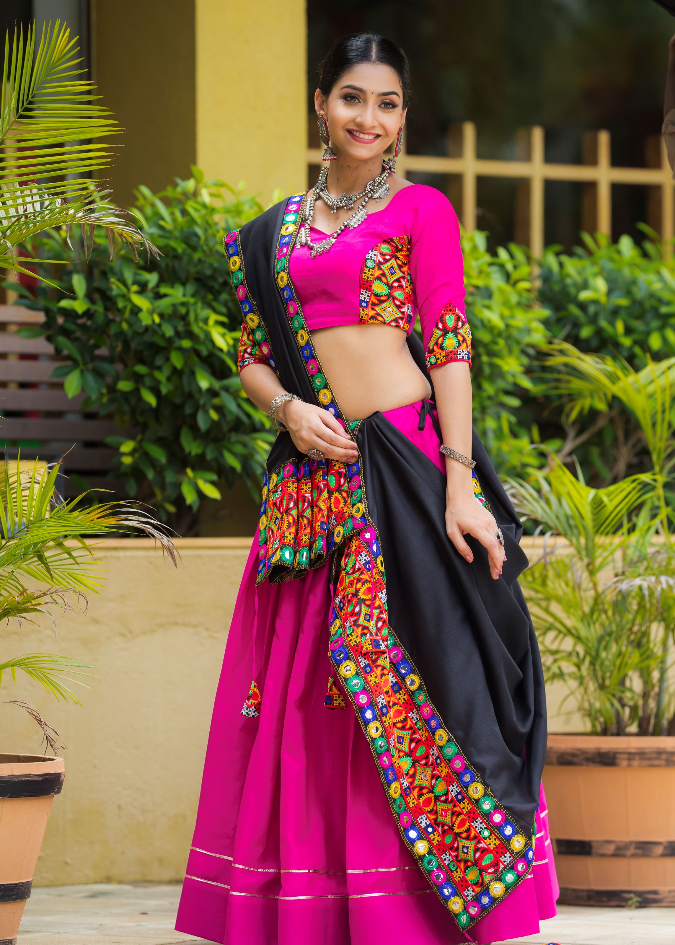 Pink Navratri Chaniya Choli With Gamthi Work Butta