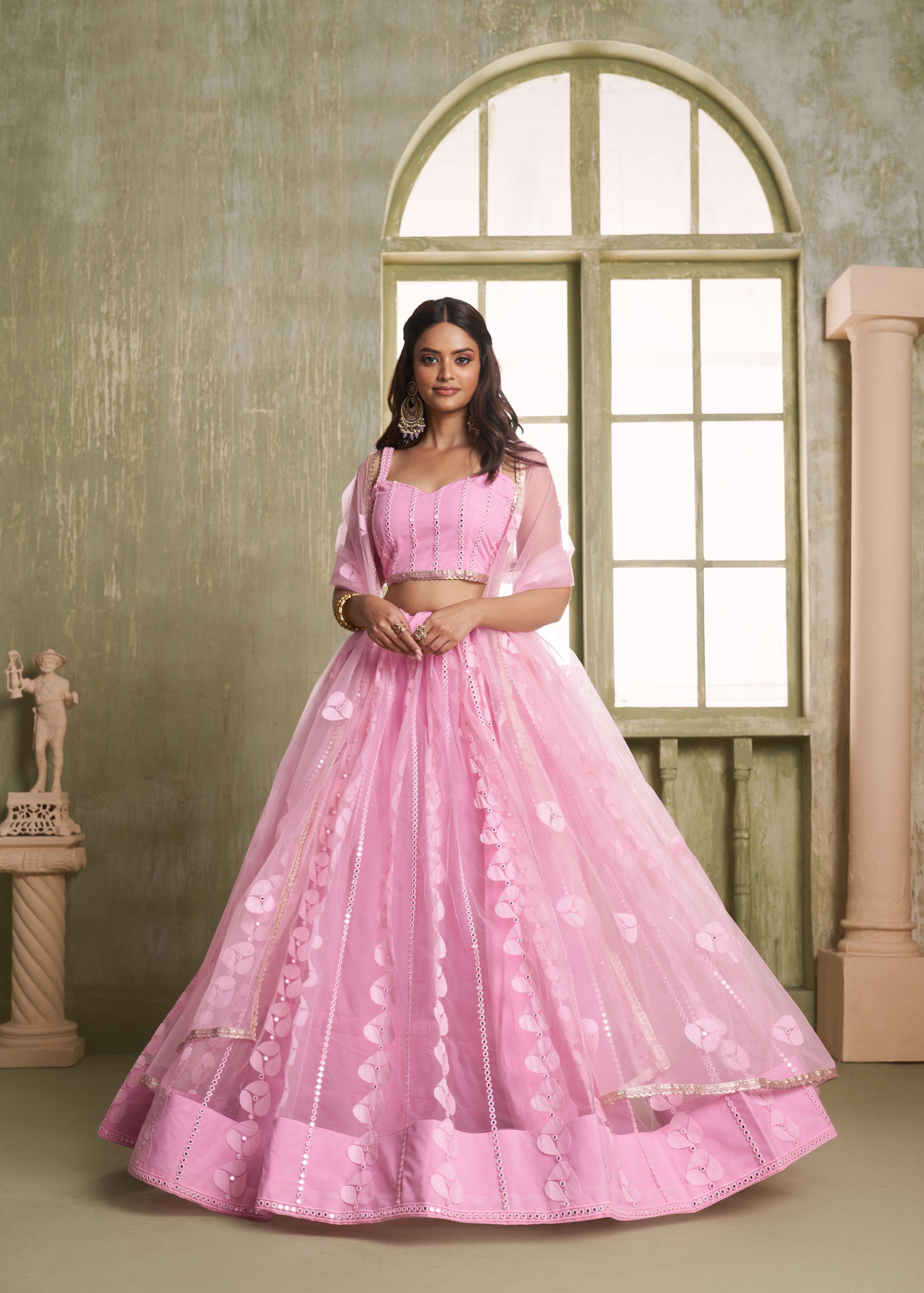 Pink Net Lehenga with Readymade Lace  Tone Zari Work