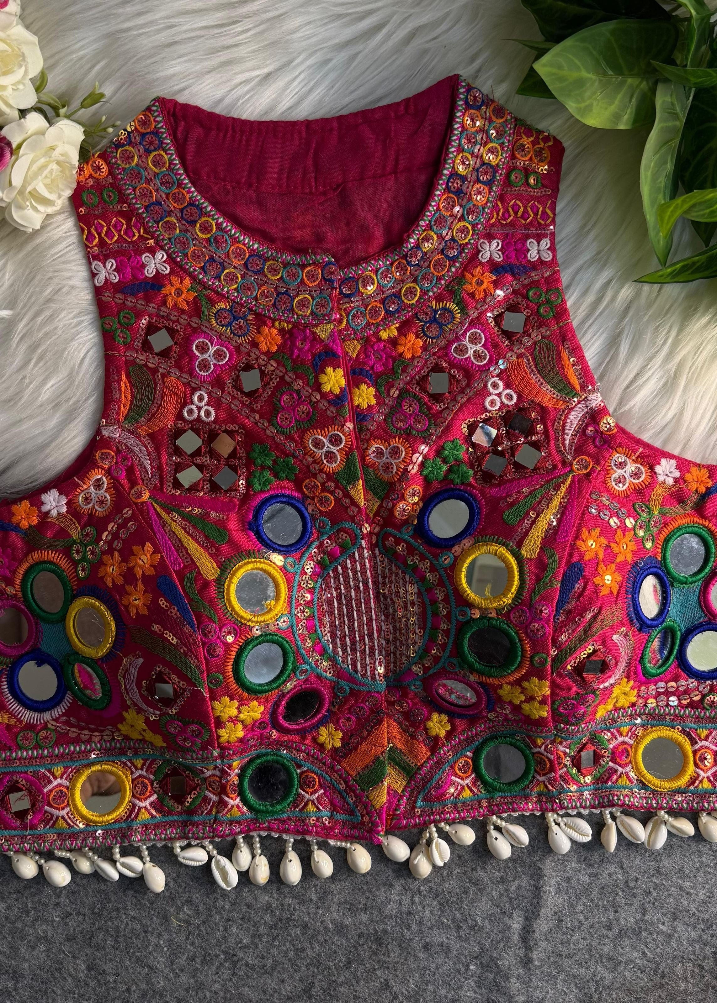 Pink Round Neck Navratri Blouse with Gamthi, Mirror  & Shell Work