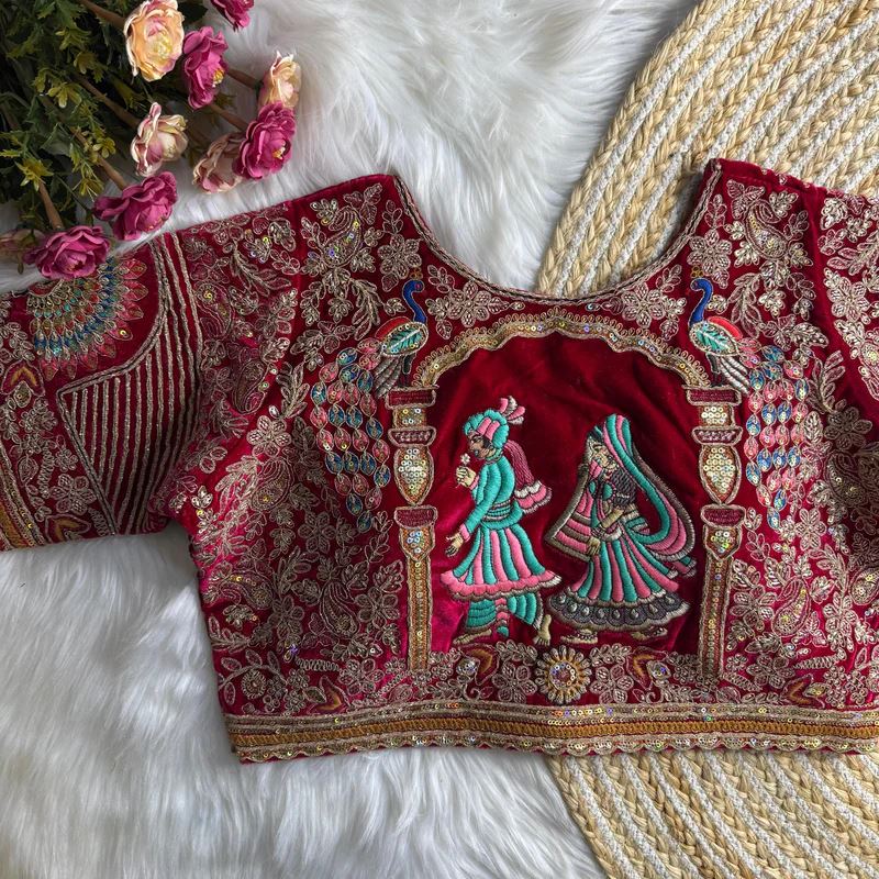 Pink Royal Rajwadi Velvet Wedding Blouse with Dulha Dulhan Embroidery