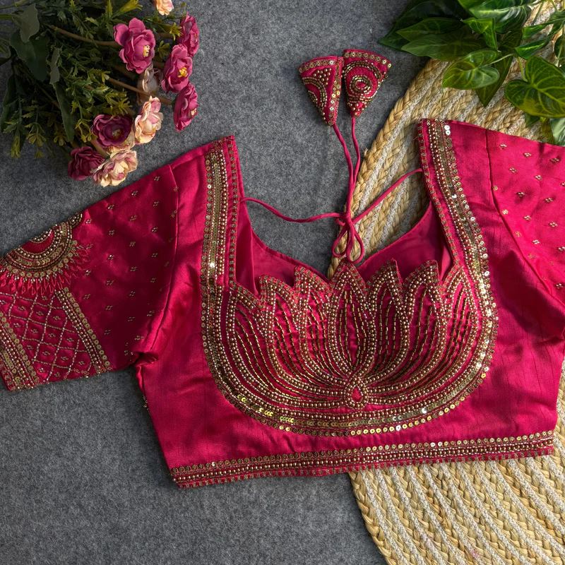 Pink Sabyasachi-Inspired Heavy Bridal Blouse with Exquisite Lotus Beads Embroidery