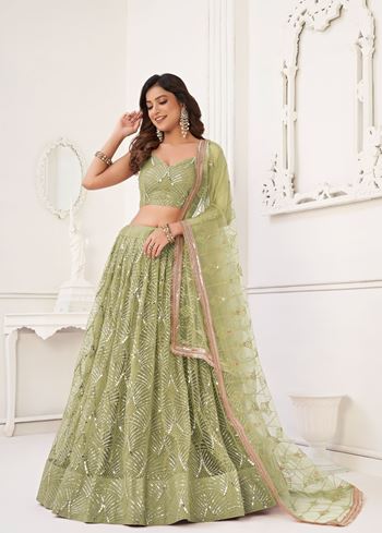 PistaGreen Net Lehenga Choli With Thread Embroidery Real Mirror Work