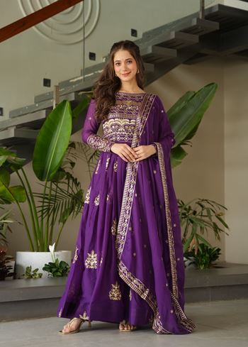 Purple Anarkali With Heavy Sequins Multi  Beads Embroidered Work