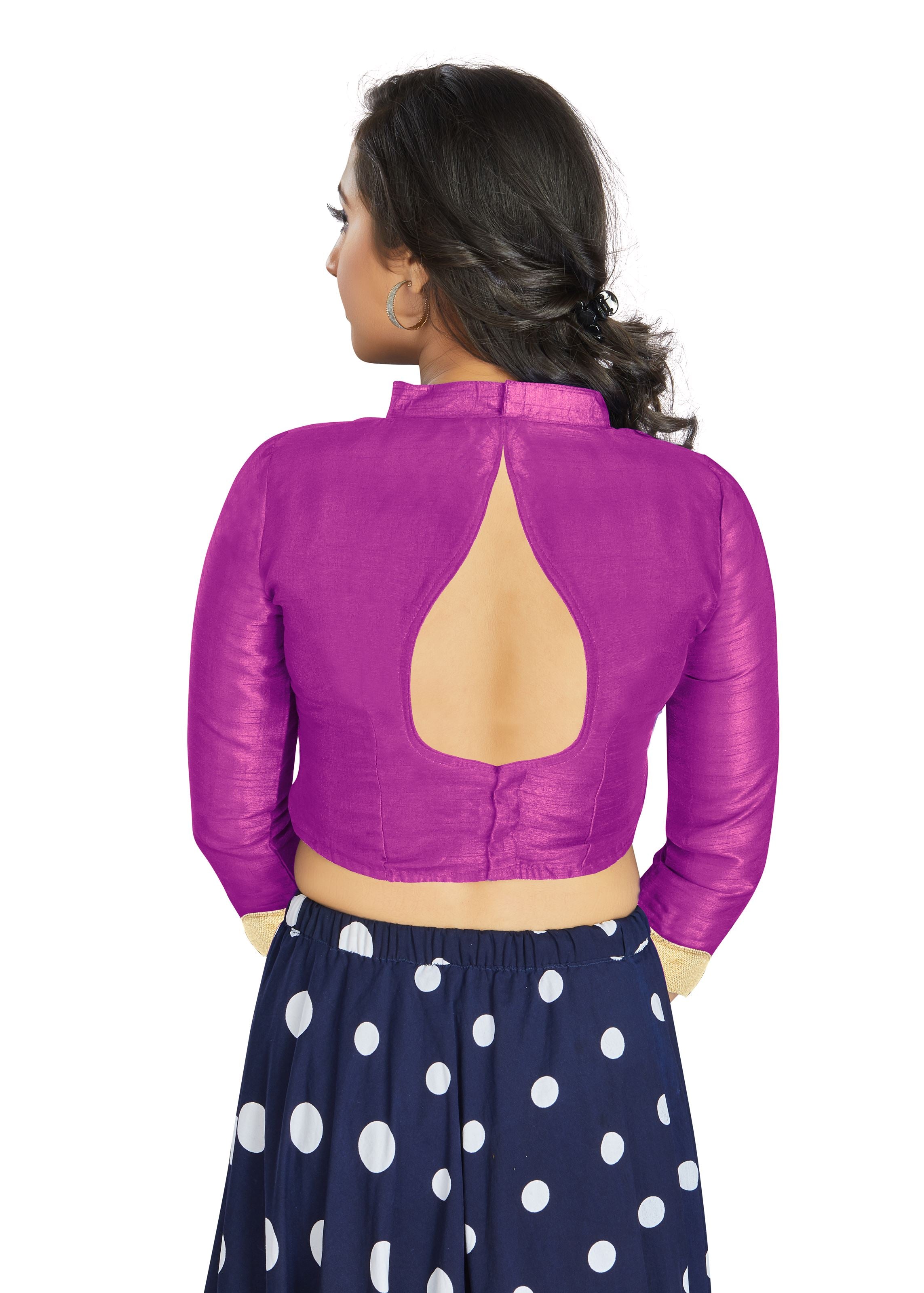 Purple Art Silk V Neck Chinese Collar Blouse With Matty In Sleeve