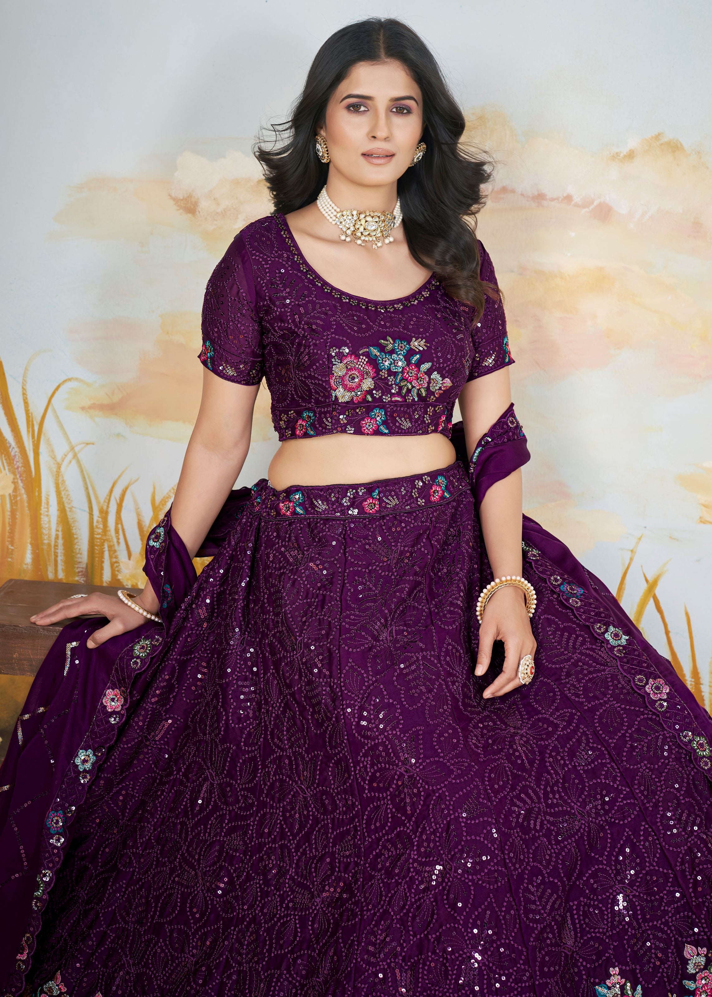 Purple Chinnon Lehenga with Copper Sequin  Floral Threadwork