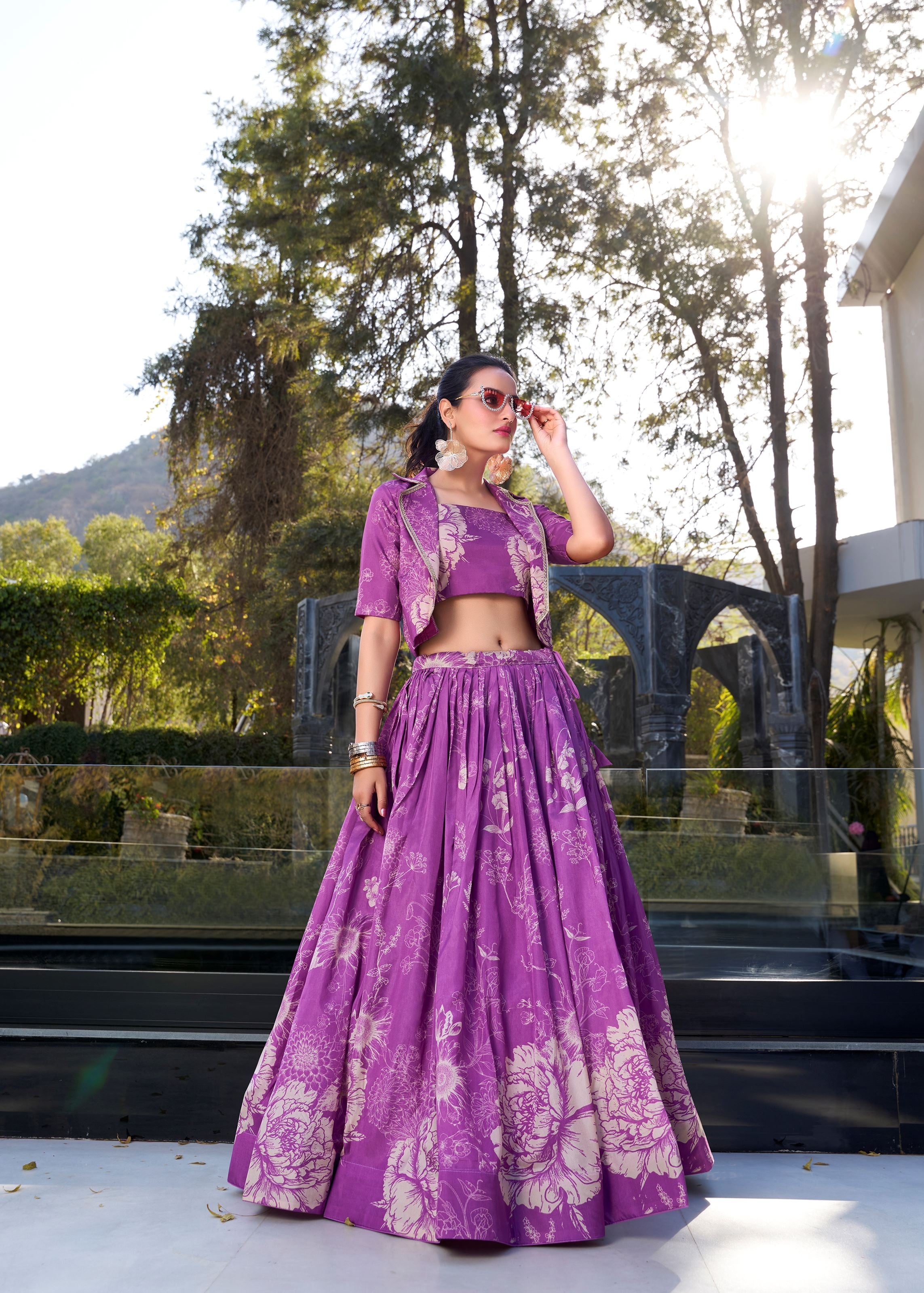 Purple Grace in Bloom Tussar Silk Floral Print Lehenga
