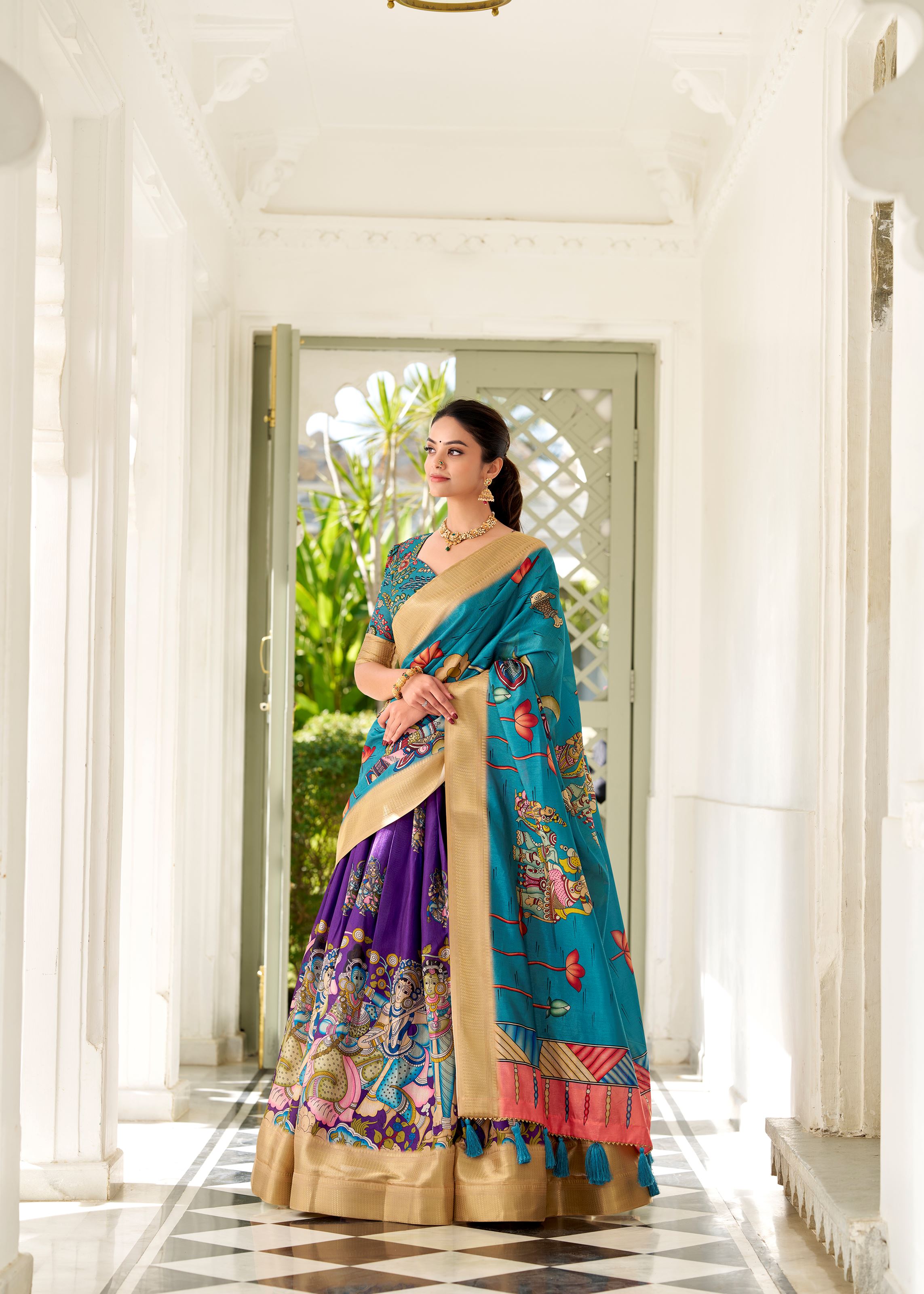 Purple Kalamkari Charm on Luxurious Dola Silk Lehenga with Woven Borders