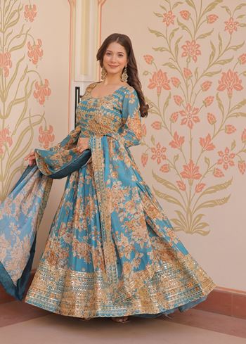 Rama Anarkali With Heavy Digital Print With Embroidered Sequins Work