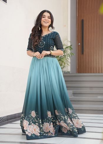 Rama Anarkali With Heavy Embroidered work and Rich  Floral Pedding Digital Print