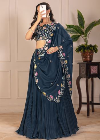 Rama Lehenga Choli With Embroidery With Multi Thread  Sequence Work