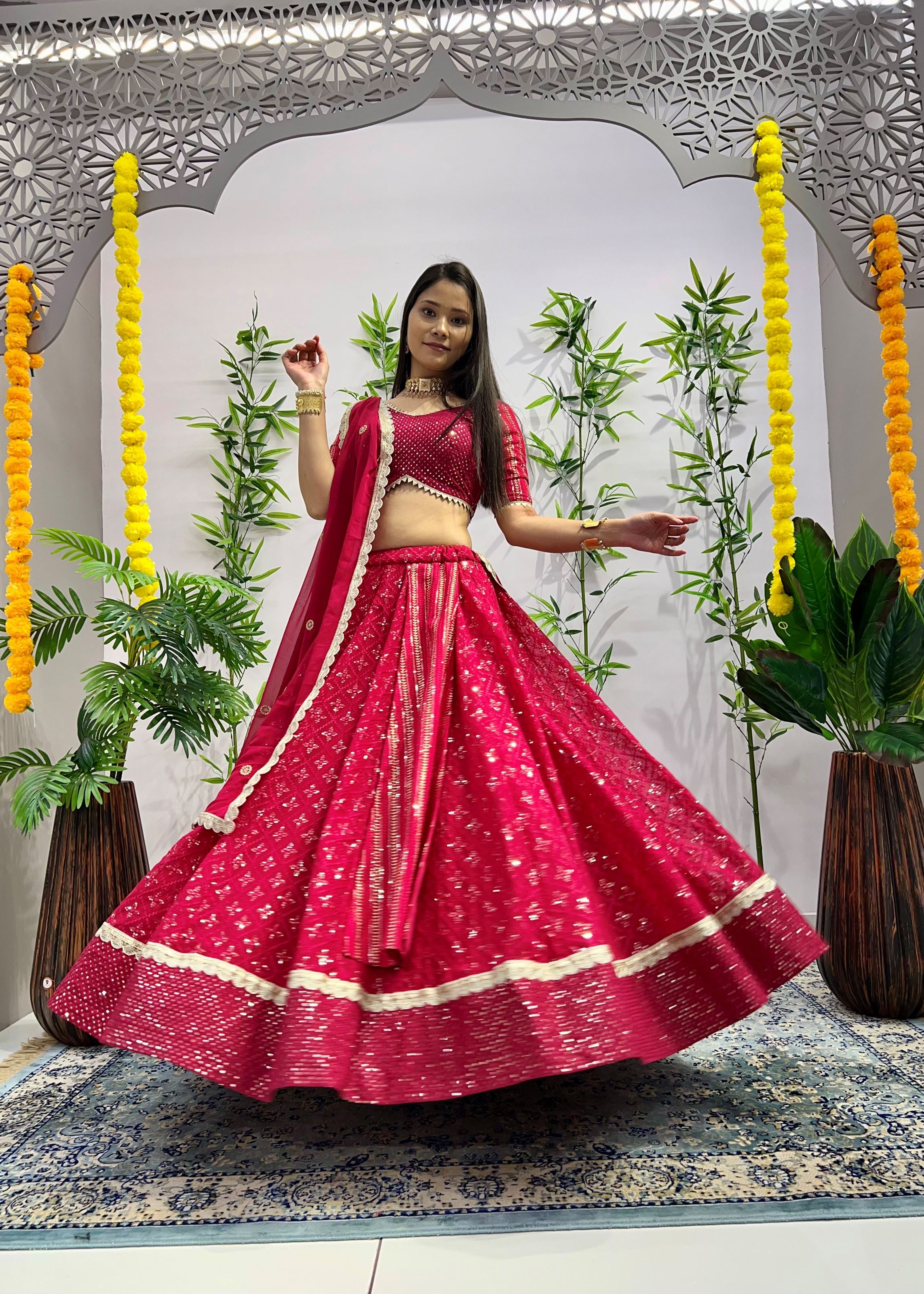 Rani Pink Lehenga Choli With Heavy Embroidery Thread  Sequins Work