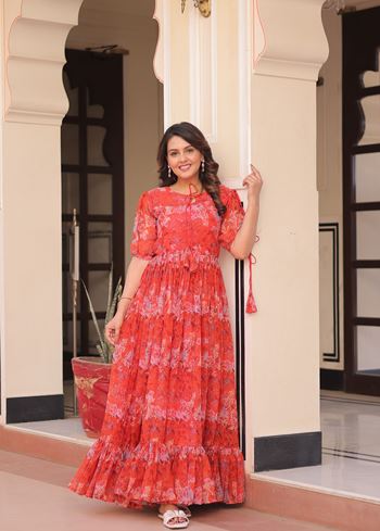 Red Anarkali With Heavy Printed Work