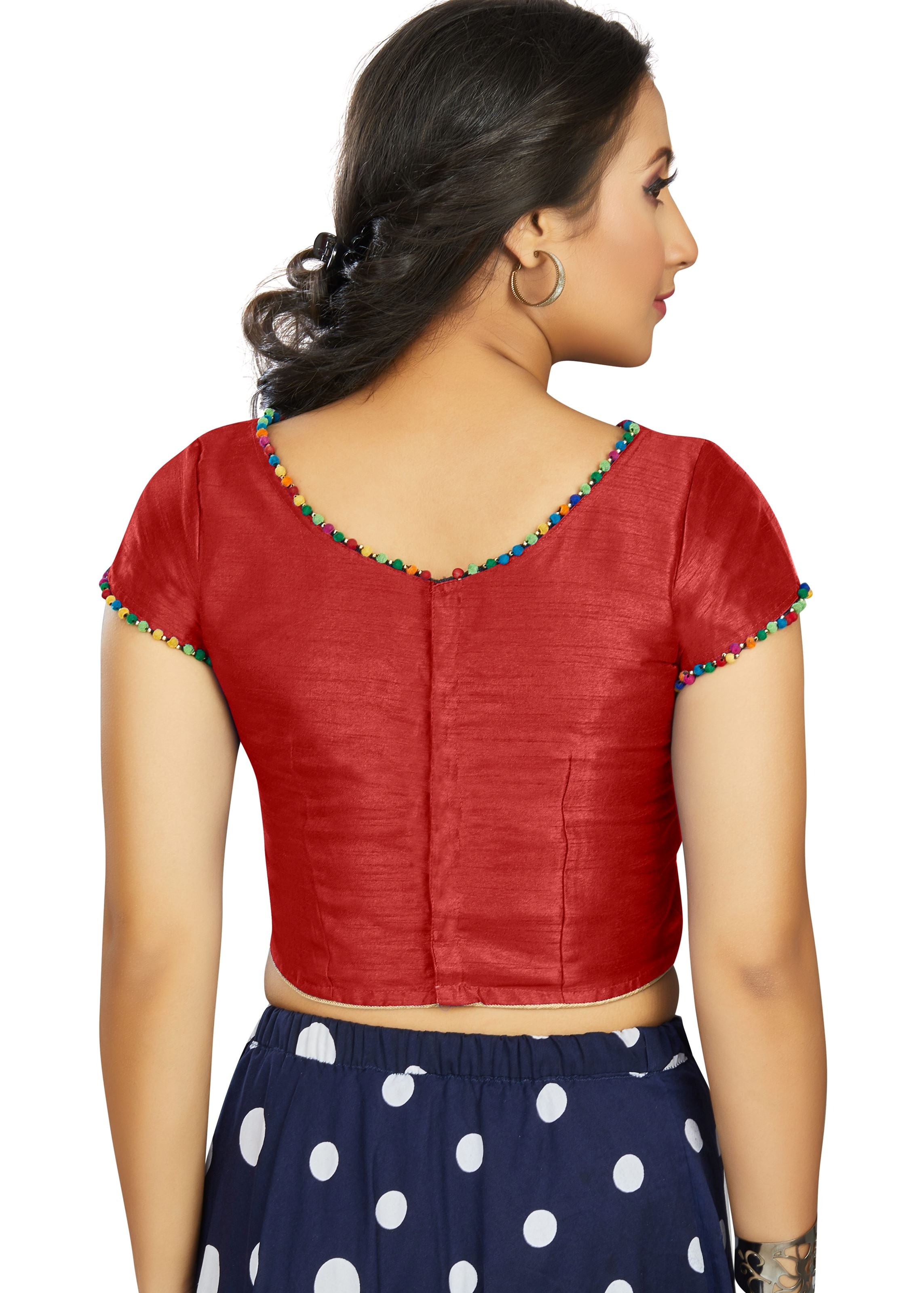 Red Art Silk Boat Neck Plain Blouse