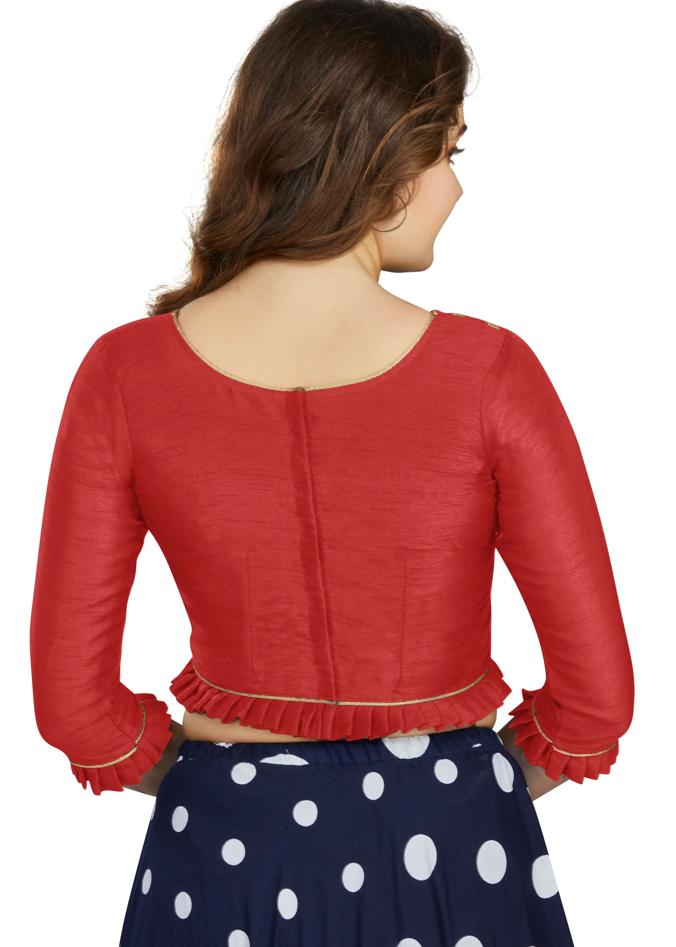 Red Art Silk Boat Neck Plain Blouse