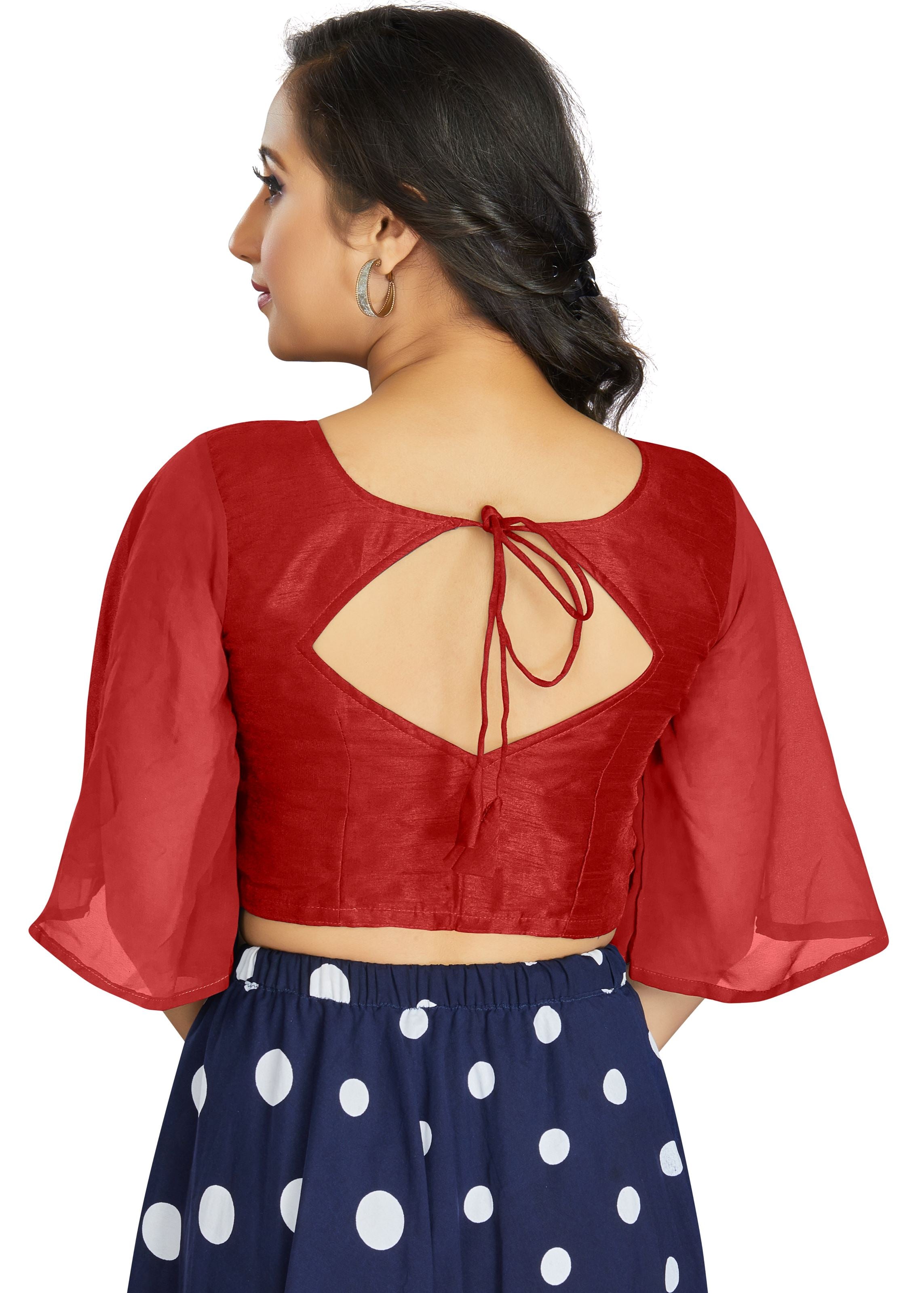 Red Art Silk U-Neck Plain Blouse