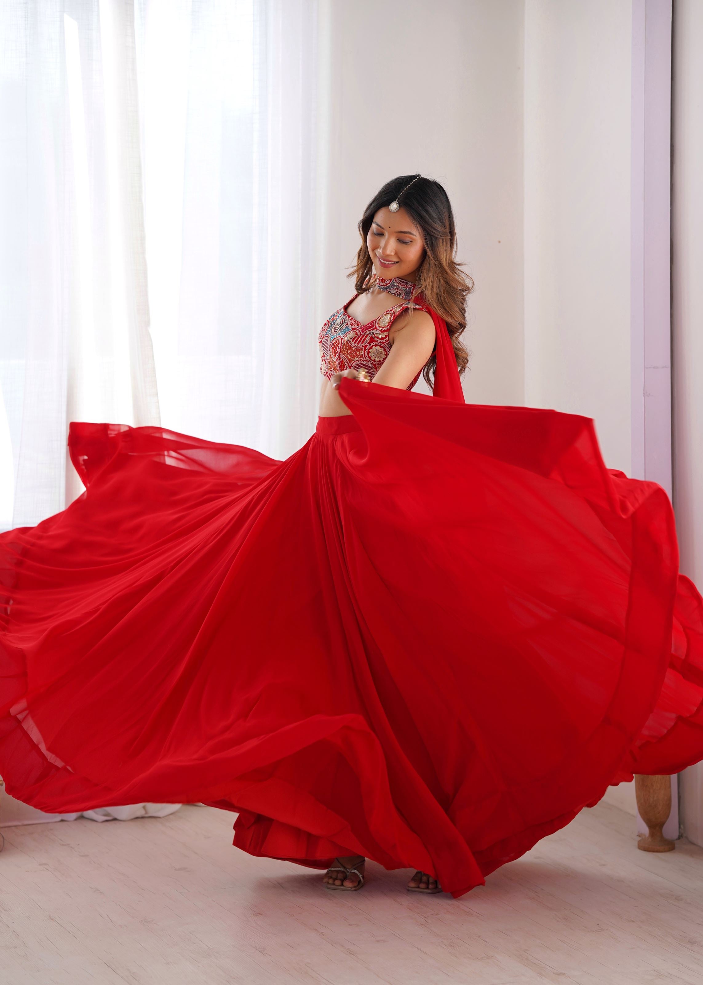 Red Georgette Lehenga with 9 Needle Embroidery  Dori Jari Work