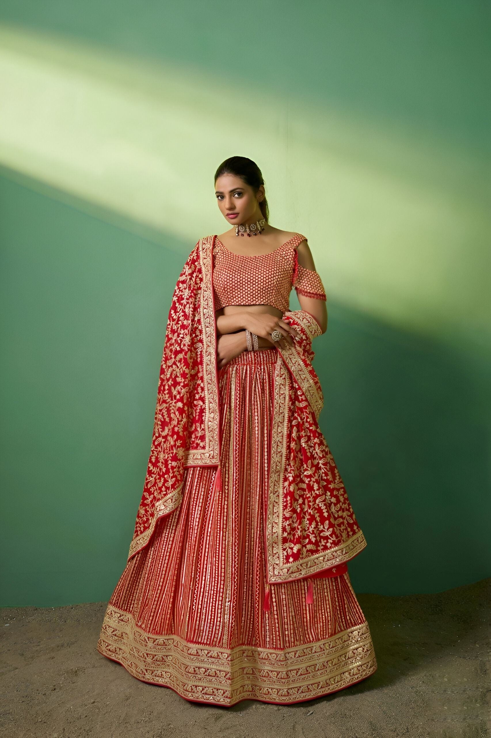 Red Lehenga Choli with Heavy Embroidery, Sequence work