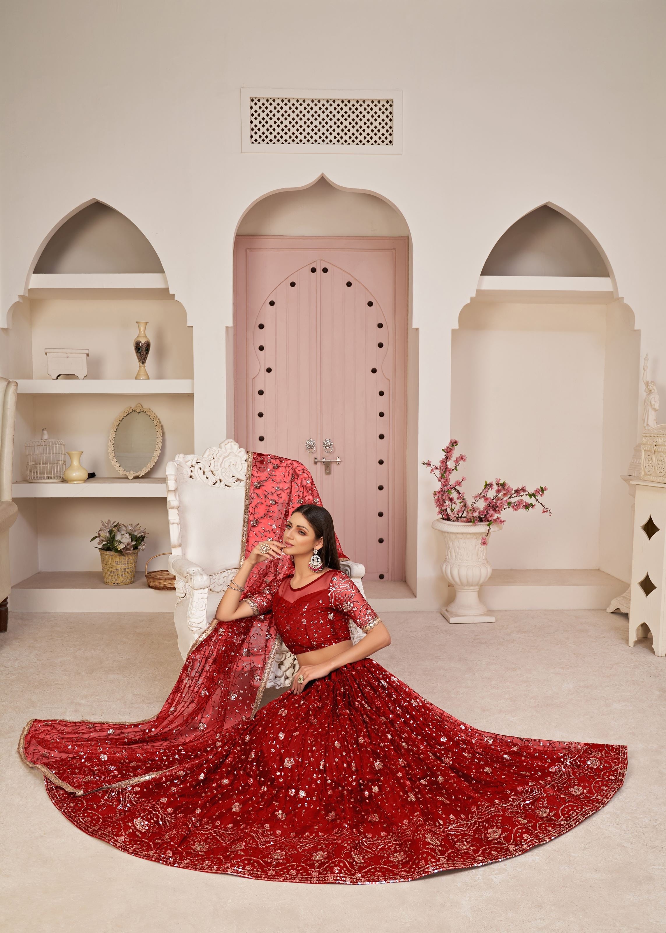 Red Net Lehenga Choli With Thread Embroidery Work