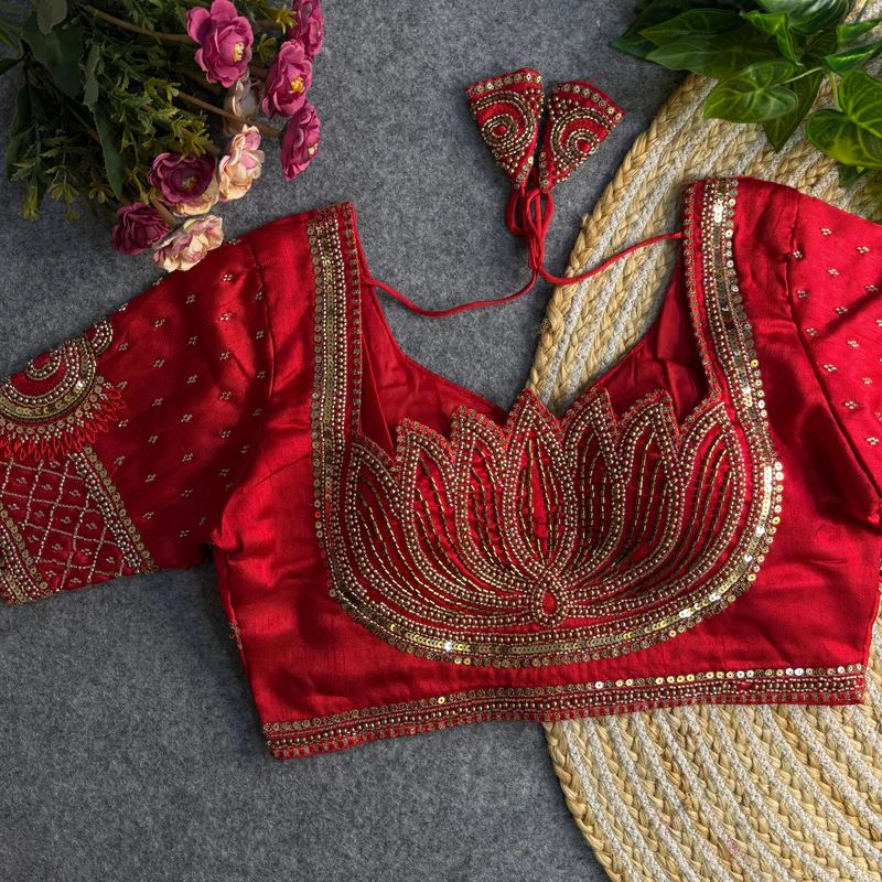 Red Sabyasachi-Inspired Heavy Bridal Blouse with Exquisite Lotus Beads Embroidery