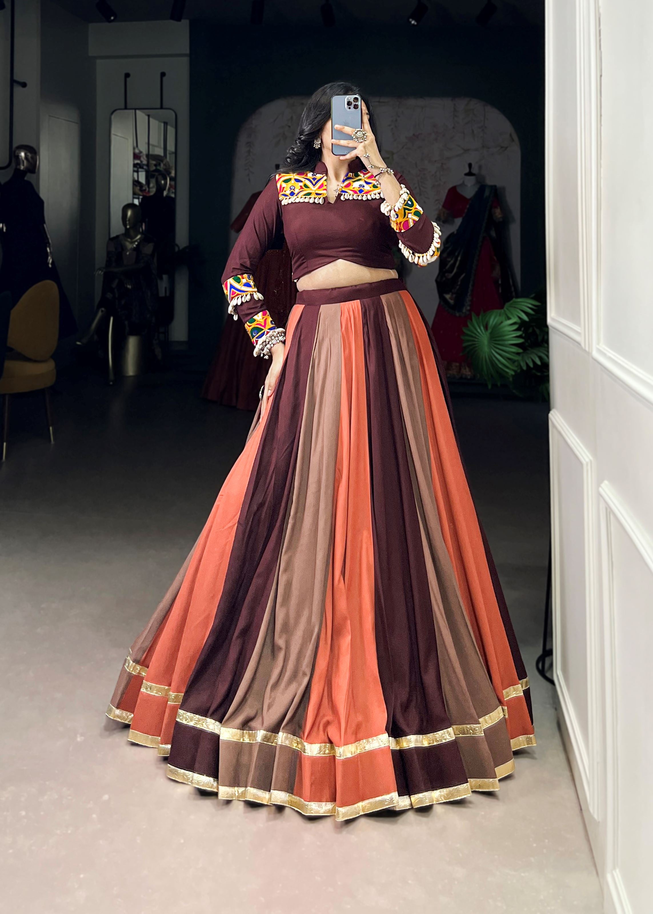Rosewood Embossed Rayon Lehenga Choli with Elegant Lace Finish