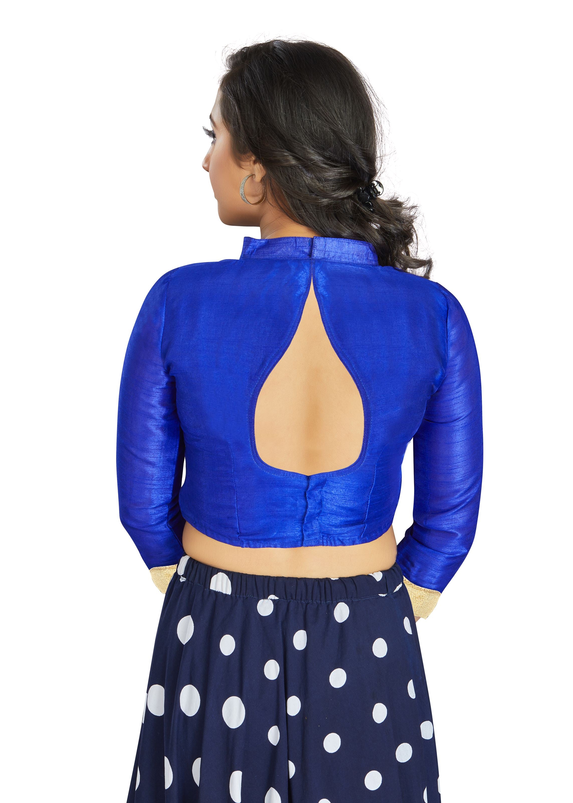 Royal Blue Art Silk V Neck Chinese Collar Blouse With Matty In Sleeve