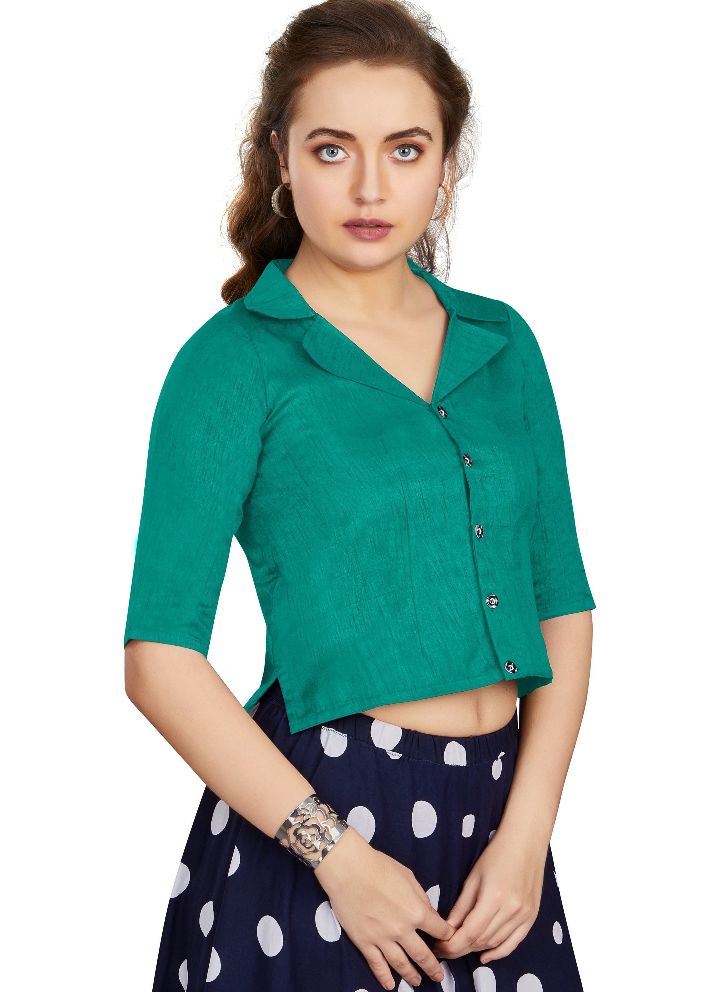Sea Green Art Silk Collar Neck Plain Blouse
