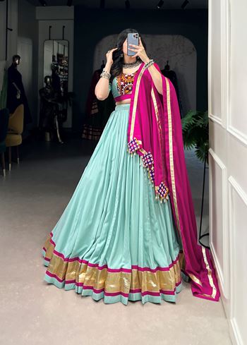 Sea Green Embossed Rayon Lehenga Choli with Lace Touch-Up