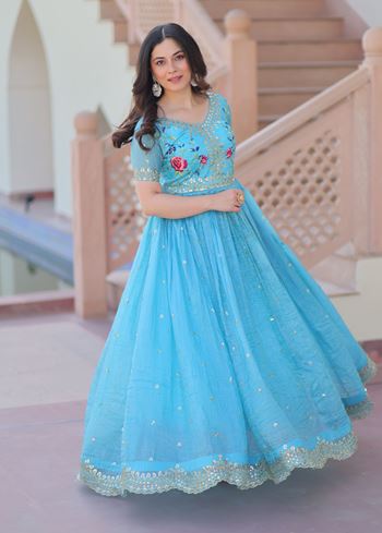 Sky Anarkali With Heavy Multi Thread Embroidery Zari Sequins-Work