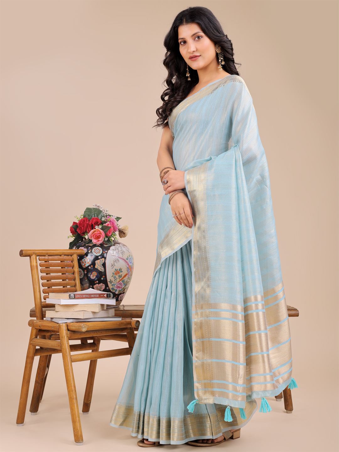 Sky Blue Organza Woven Designer Traditonal Wear Saree