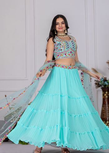 Sky Lehenga Choli With Embroidery With Multi Thread  Sequence Work