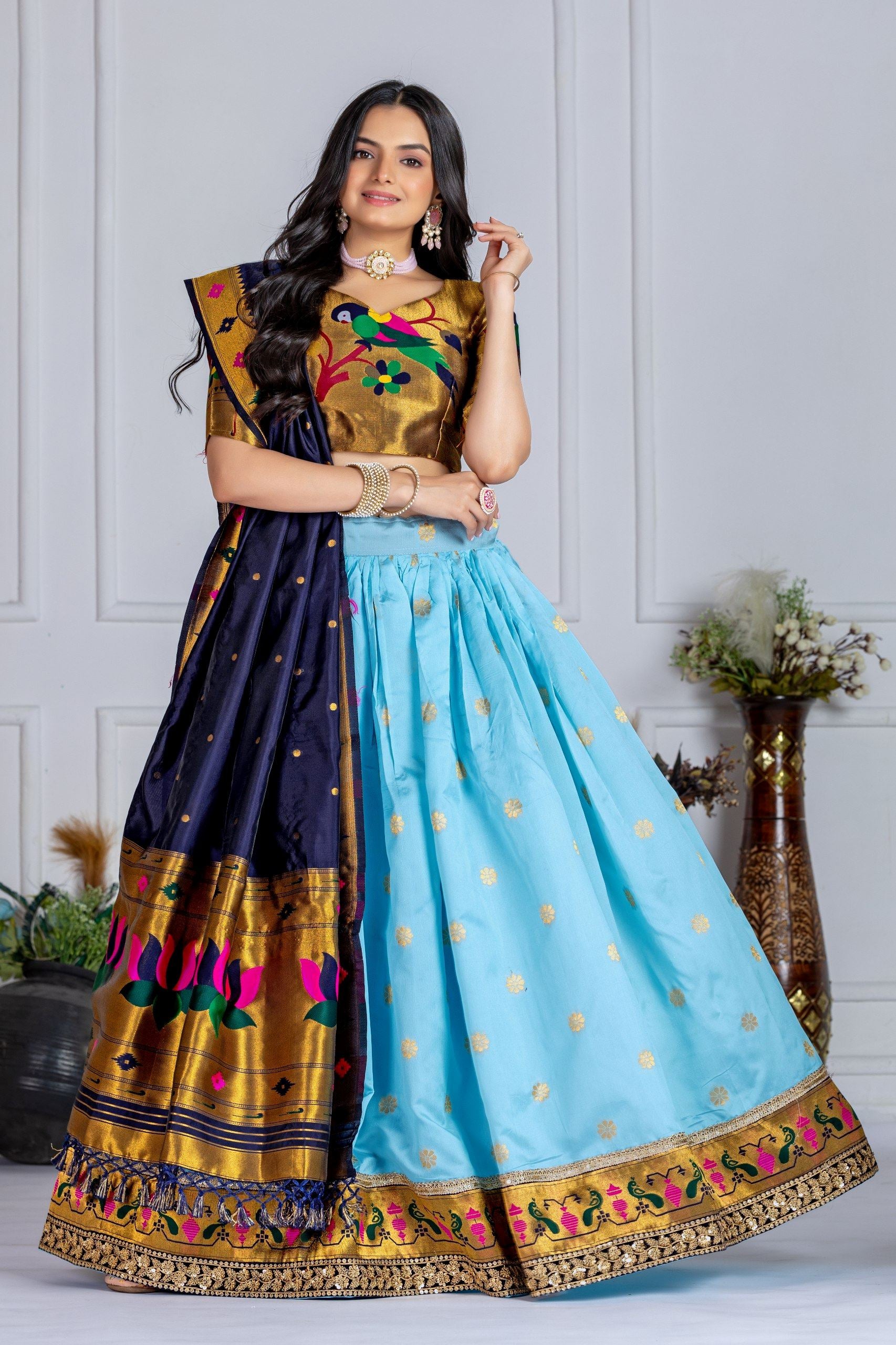 Sky Blue Lehenga Choli with Jacquard Zari Weaving & Embroidery Lace Detailing