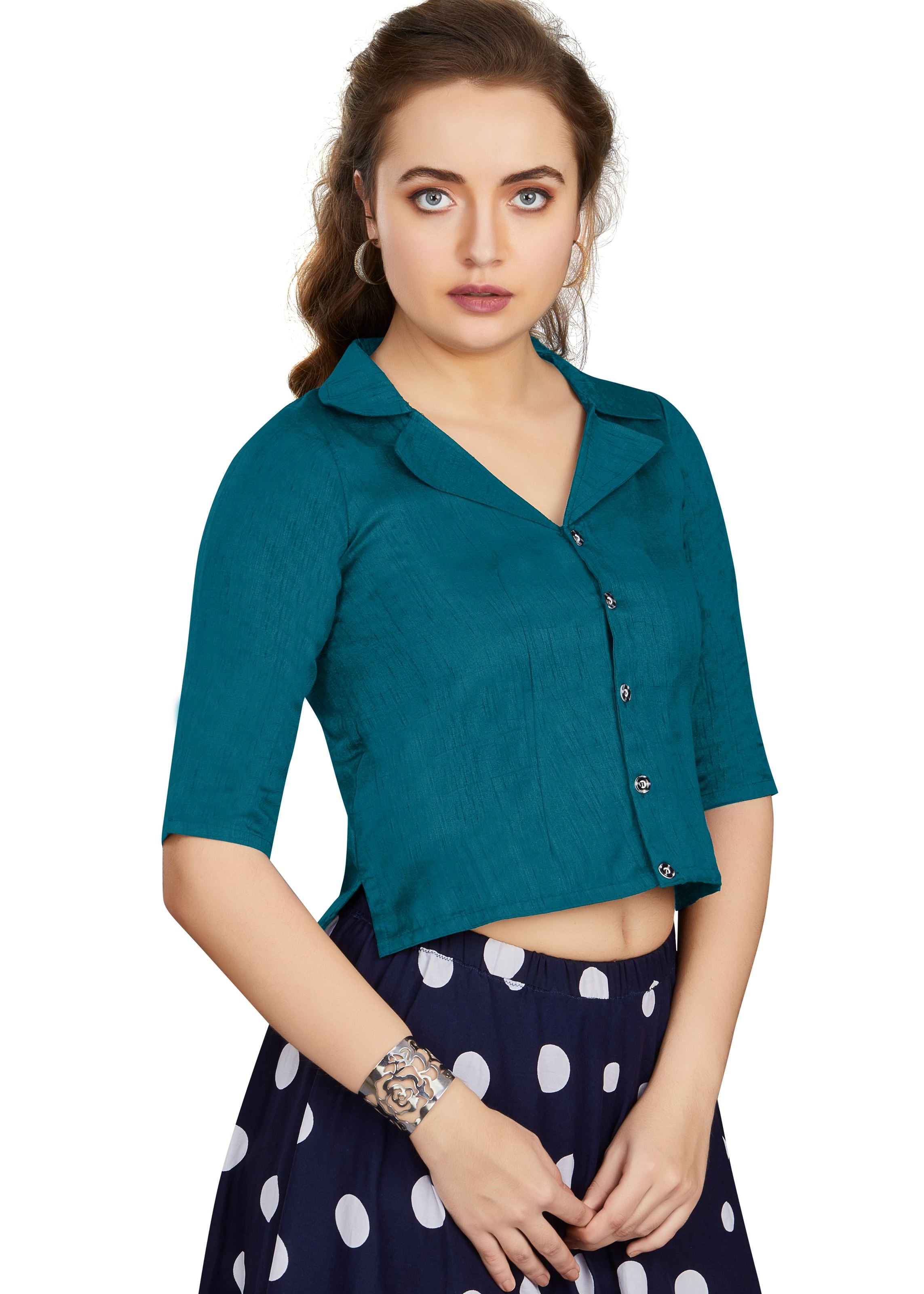 Teal Art Silk Collar Neck Plain Blouse