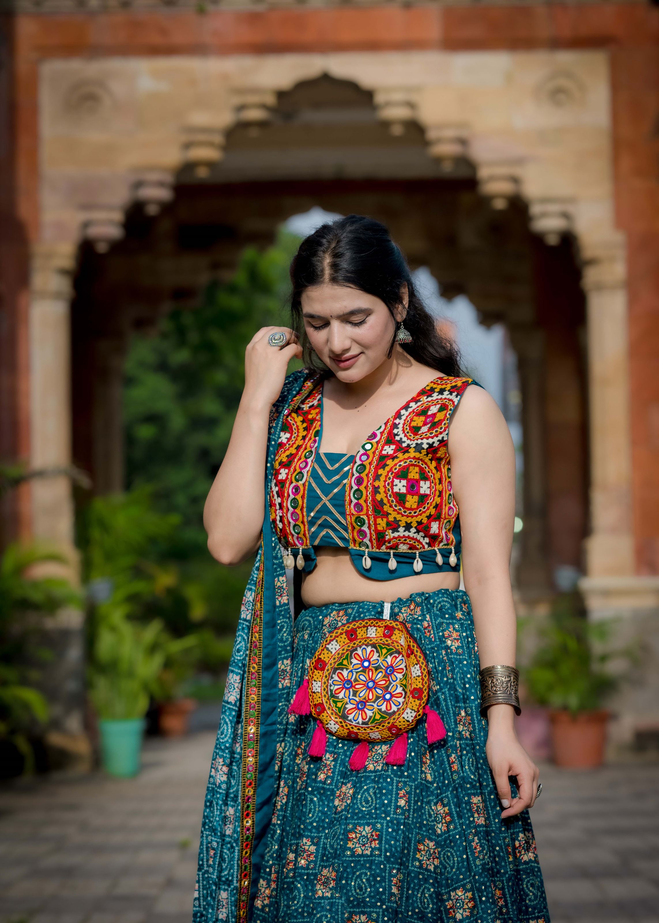 Teal Foil Work Lehenga Choli with Gamthi Patch and Lace Detailing