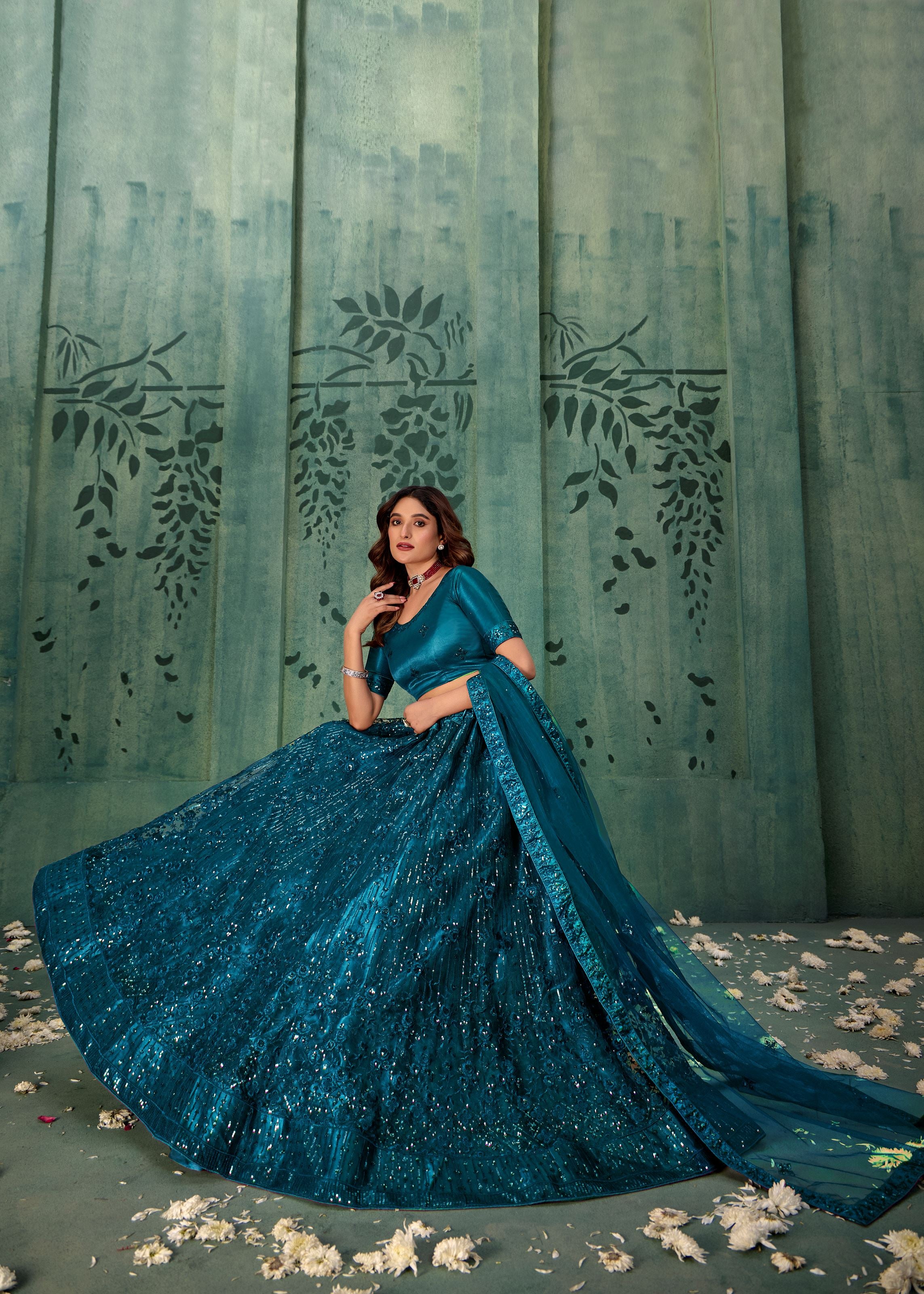 Teal  Lehenga Choli With Heavy Sequence Embroidered