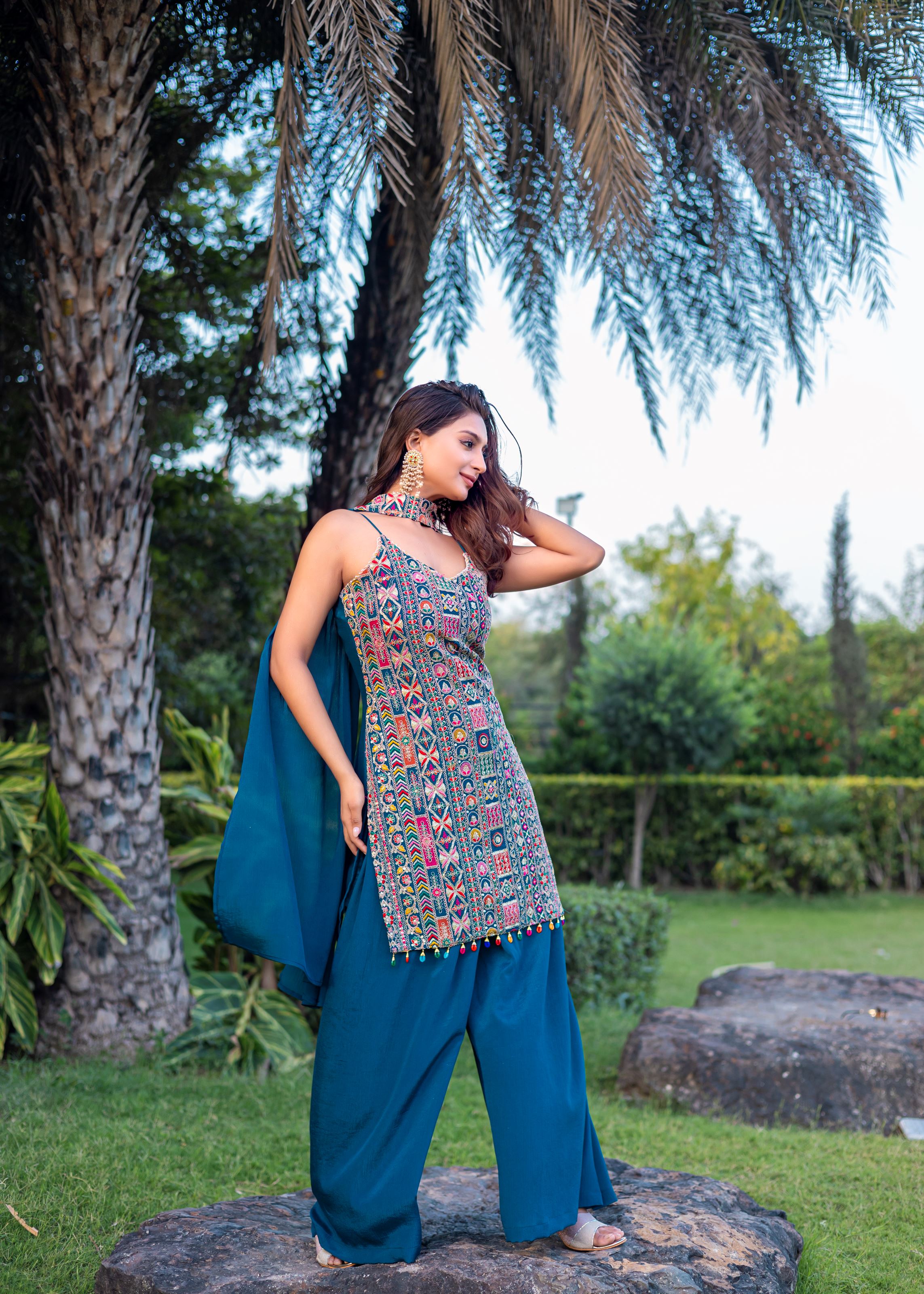 Teal Sharara Dress With Embroidery Work