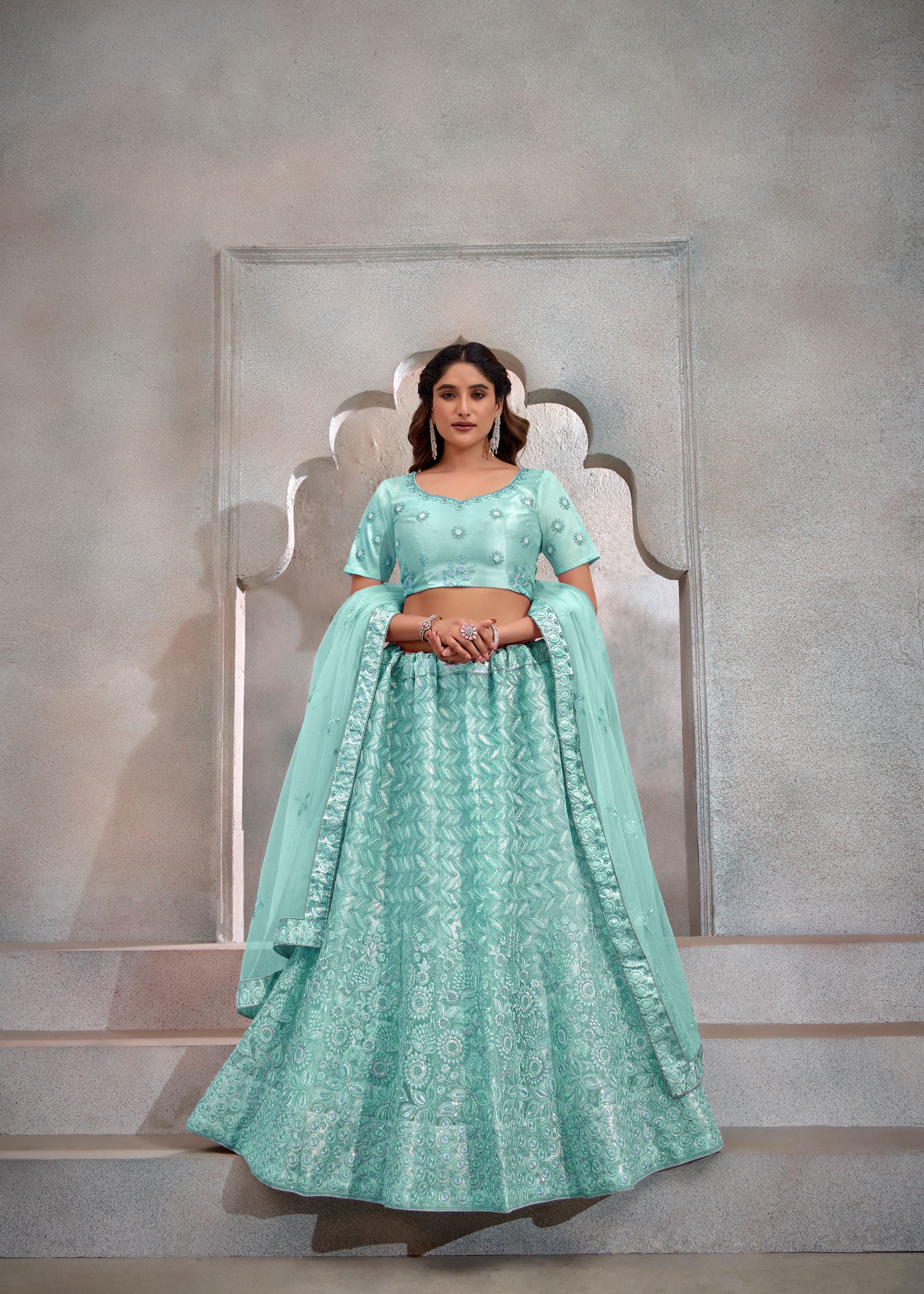 Turquoise Net Lehenga with Modern Sequin Embroidery