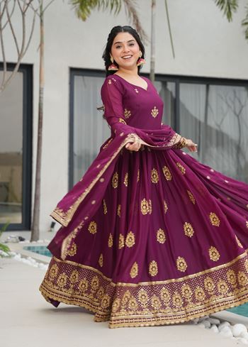Wine Anarkali With Heavy Embroidery Zari Sequins work